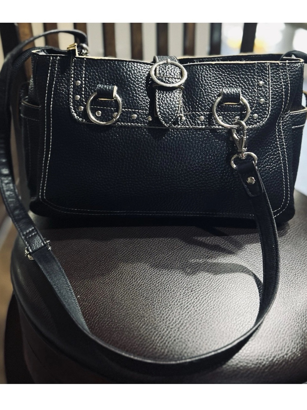 Jouney Black Pebbled Leather Satchel Contrast Stitch Silver Buckle Shoulder Bag